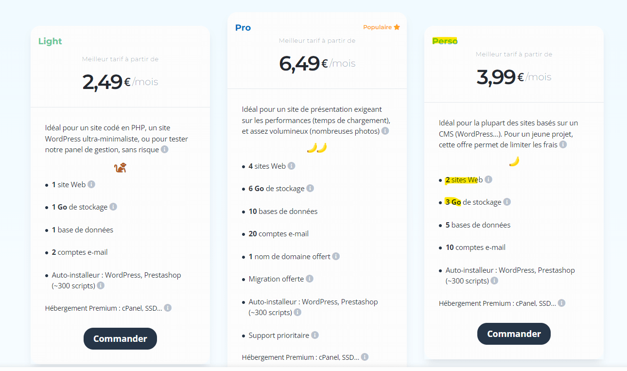 EasyHoster : les tarifs. Voici les différents plans d’hébergements d’easyhoster